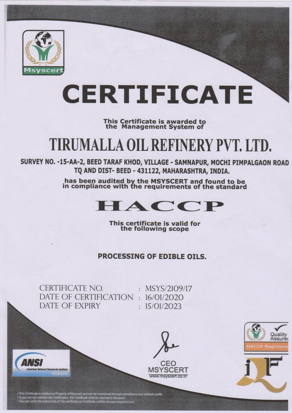 iso certificate of tirumalla oil